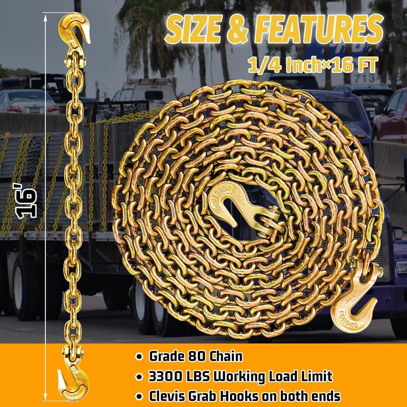 SENKEYFE 1/4" Tow Chain|G80 Tie Down Chain with G70 Clevis Grab Hooks for Towing|16FT Heavy Duty Chain Wll 3300 Lbs|Log Trailer Transport Safety Chain for Towing Truck Tie Down Binding Equipment - Image 2